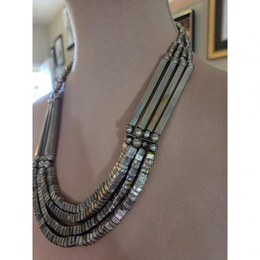 Vintage‎ Multi Strand Bib Statement Necklace Silver Gold Tone Tiered 70s